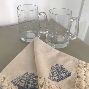 Pair Vintage Krosno Poland Etched Clipper Ship Glass Steins NEW w/Ship Napkins
